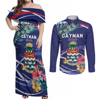 Personalized Cayman Islands Couples Matching Off Shoulder Maxi Dress and Long Sleeve Button Shirt Coat Of Arms Tropical Flowers