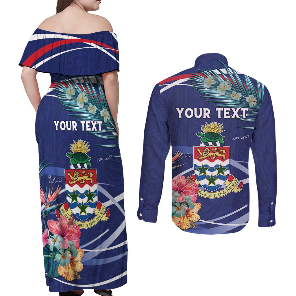 Personalized Cayman Islands Couples Matching Off Shoulder Maxi Dress and Long Sleeve Button Shirt Coat Of Arms Tropical Flowers