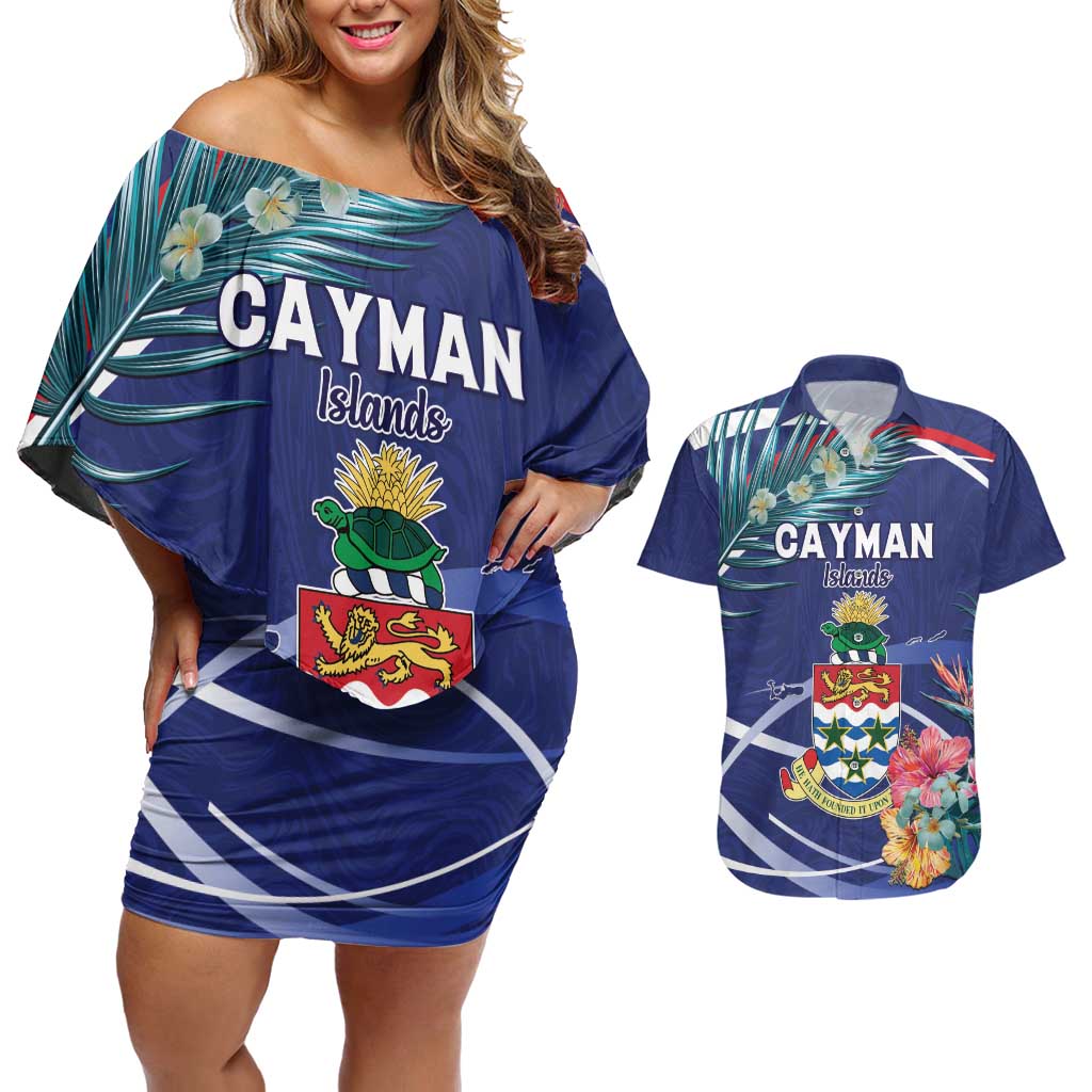Personalized Cayman Islands Couples Matching Off Shoulder Short Dress and Hawaiian Shirt Coat Of Arms Tropical Flowers