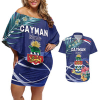 Personalized Cayman Islands Couples Matching Off Shoulder Short Dress and Hawaiian Shirt Coat Of Arms Tropical Flowers