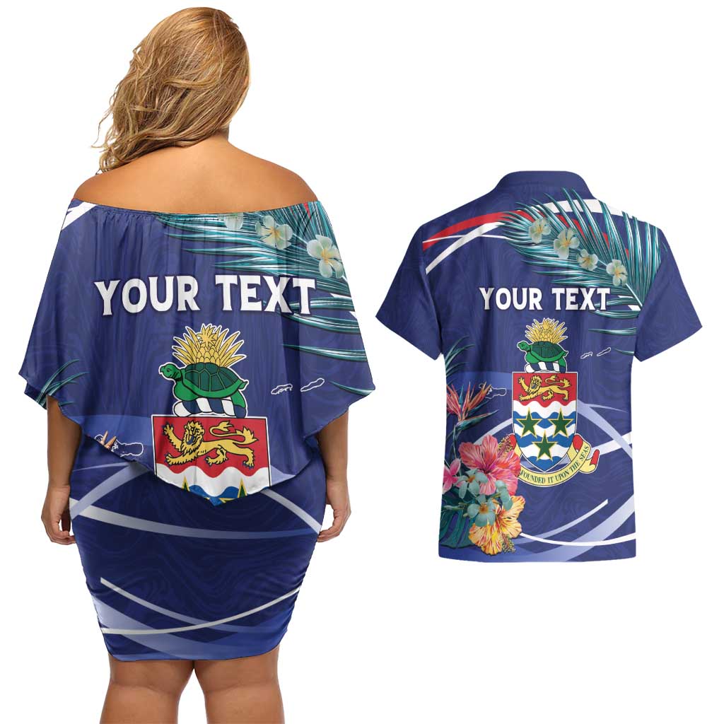 Personalized Cayman Islands Couples Matching Off Shoulder Short Dress and Hawaiian Shirt Coat Of Arms Tropical Flowers