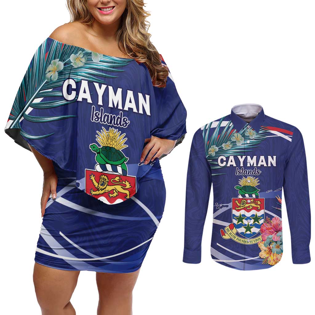 Personalized Cayman Islands Couples Matching Off Shoulder Short Dress and Long Sleeve Button Shirt Coat Of Arms Tropical Flowers