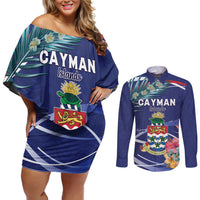 Personalized Cayman Islands Couples Matching Off Shoulder Short Dress and Long Sleeve Button Shirt Coat Of Arms Tropical Flowers