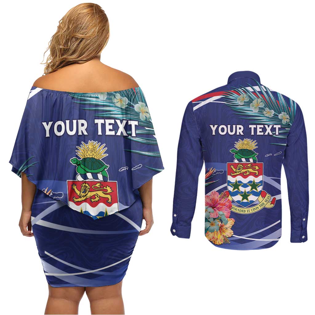 Personalized Cayman Islands Couples Matching Off Shoulder Short Dress and Long Sleeve Button Shirt Coat Of Arms Tropical Flowers