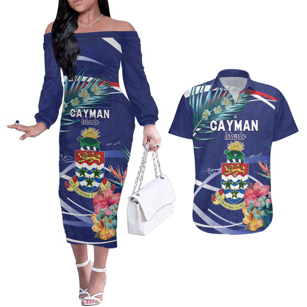 Personalized Cayman Islands Couples Matching Off The Shoulder Long Sleeve Dress and Hawaiian Shirt Coat Of Arms Tropical Flowers