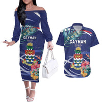 Personalized Cayman Islands Couples Matching Off The Shoulder Long Sleeve Dress and Hawaiian Shirt Coat Of Arms Tropical Flowers