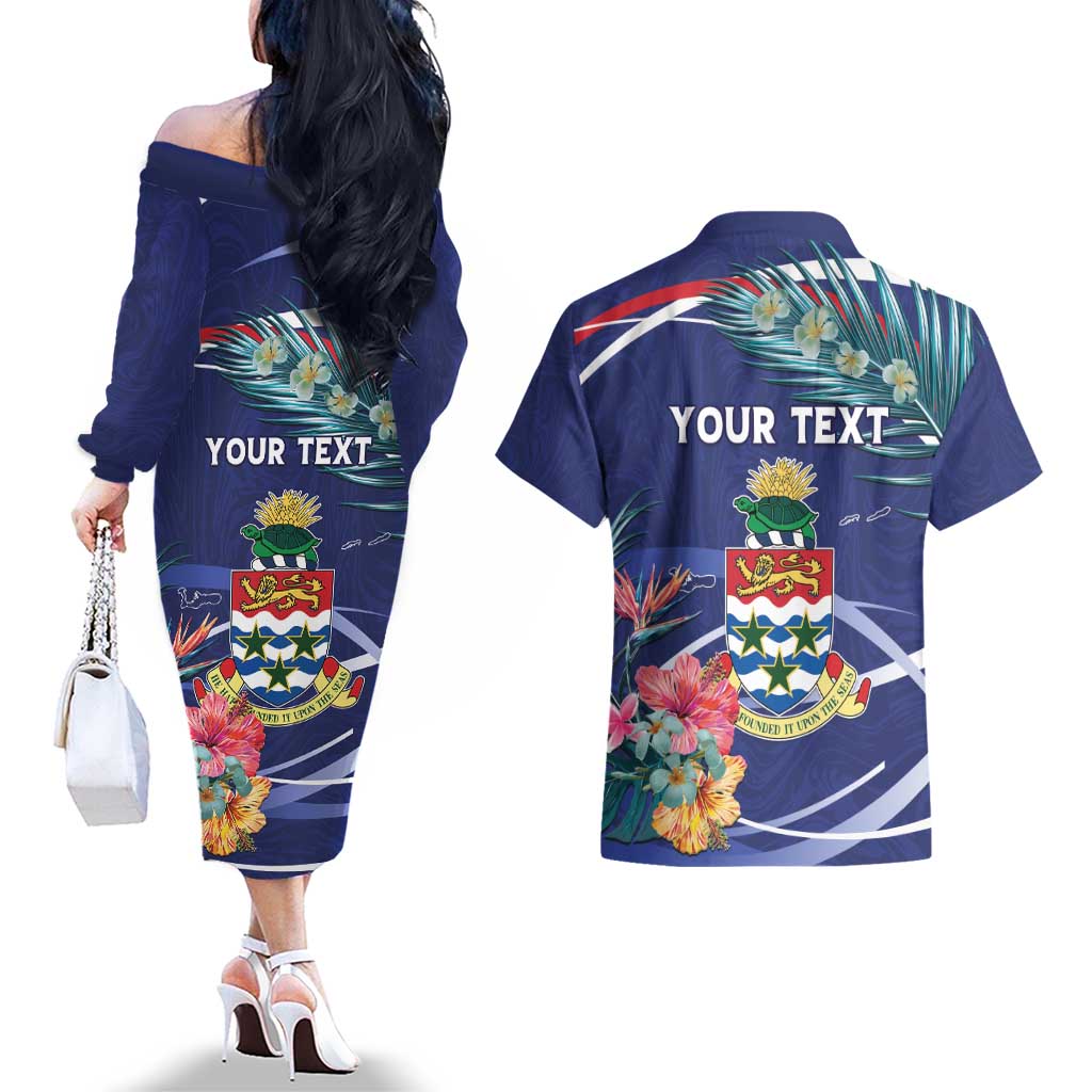 Personalized Cayman Islands Couples Matching Off The Shoulder Long Sleeve Dress and Hawaiian Shirt Coat Of Arms Tropical Flowers