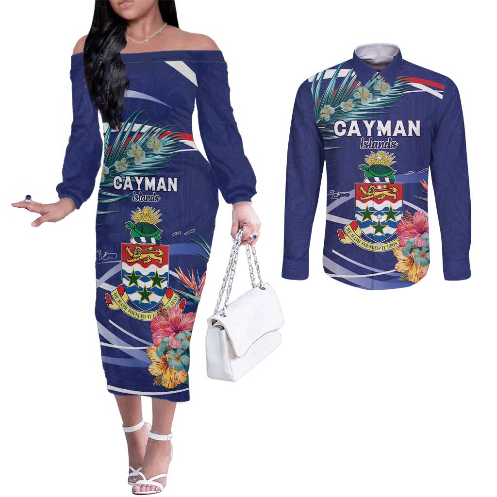 Personalized Cayman Islands Couples Matching Off The Shoulder Long Sleeve Dress and Long Sleeve Button Shirt Coat Of Arms Tropical Flowers