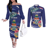Personalized Cayman Islands Couples Matching Off The Shoulder Long Sleeve Dress and Long Sleeve Button Shirt Coat Of Arms Tropical Flowers