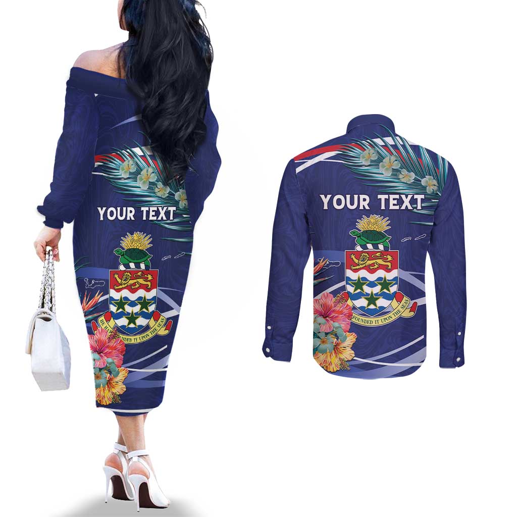Personalized Cayman Islands Couples Matching Off The Shoulder Long Sleeve Dress and Long Sleeve Button Shirt Coat Of Arms Tropical Flowers