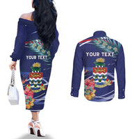 Personalized Cayman Islands Couples Matching Off The Shoulder Long Sleeve Dress and Long Sleeve Button Shirt Coat Of Arms Tropical Flowers