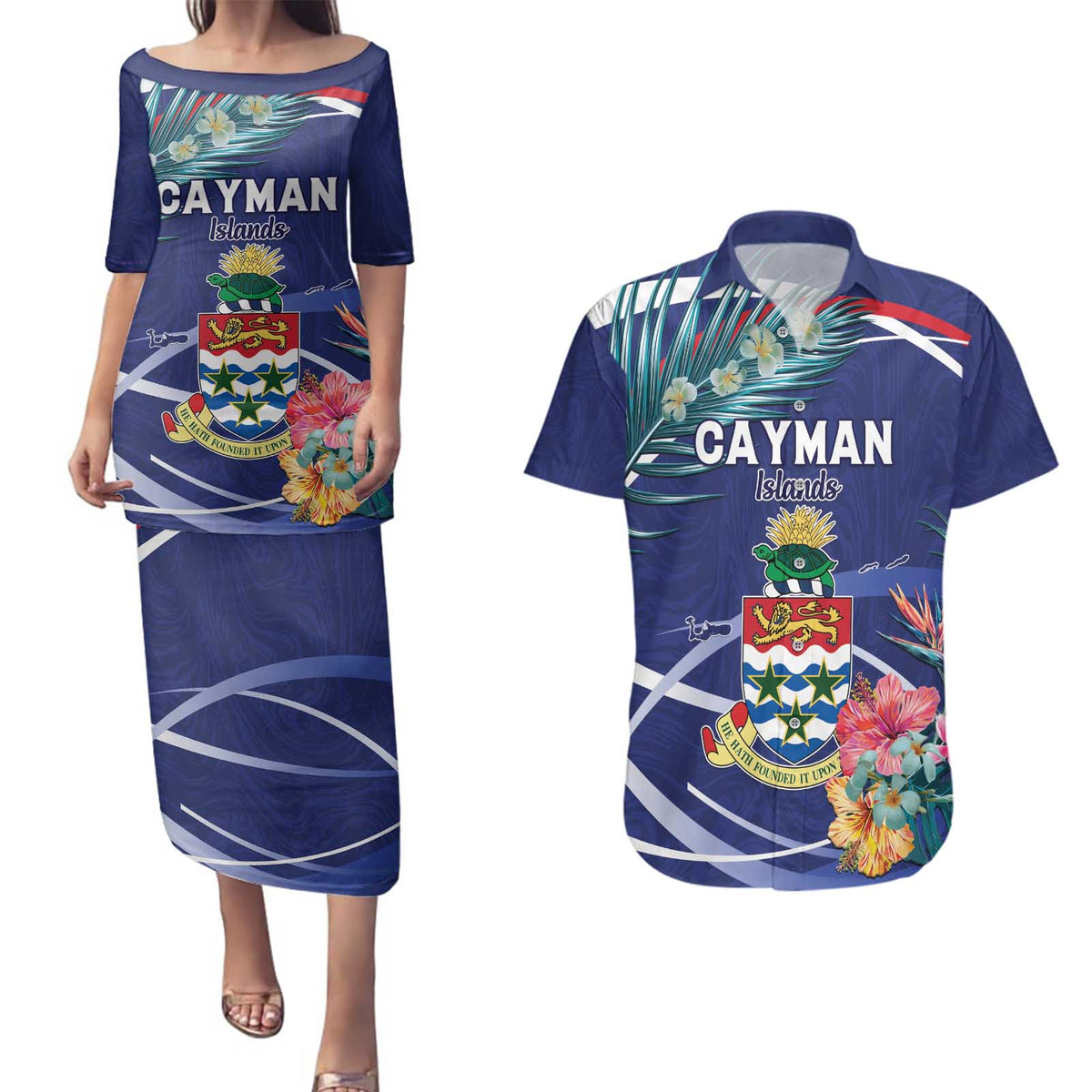 Personalized Cayman Islands Couples Matching Puletasi and Hawaiian Shirt Coat Of Arms Tropical Flowers