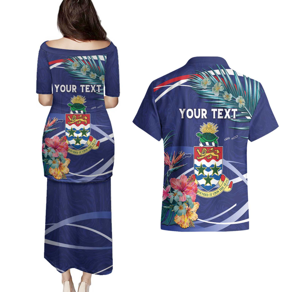 Personalized Cayman Islands Couples Matching Puletasi and Hawaiian Shirt Coat Of Arms Tropical Flowers
