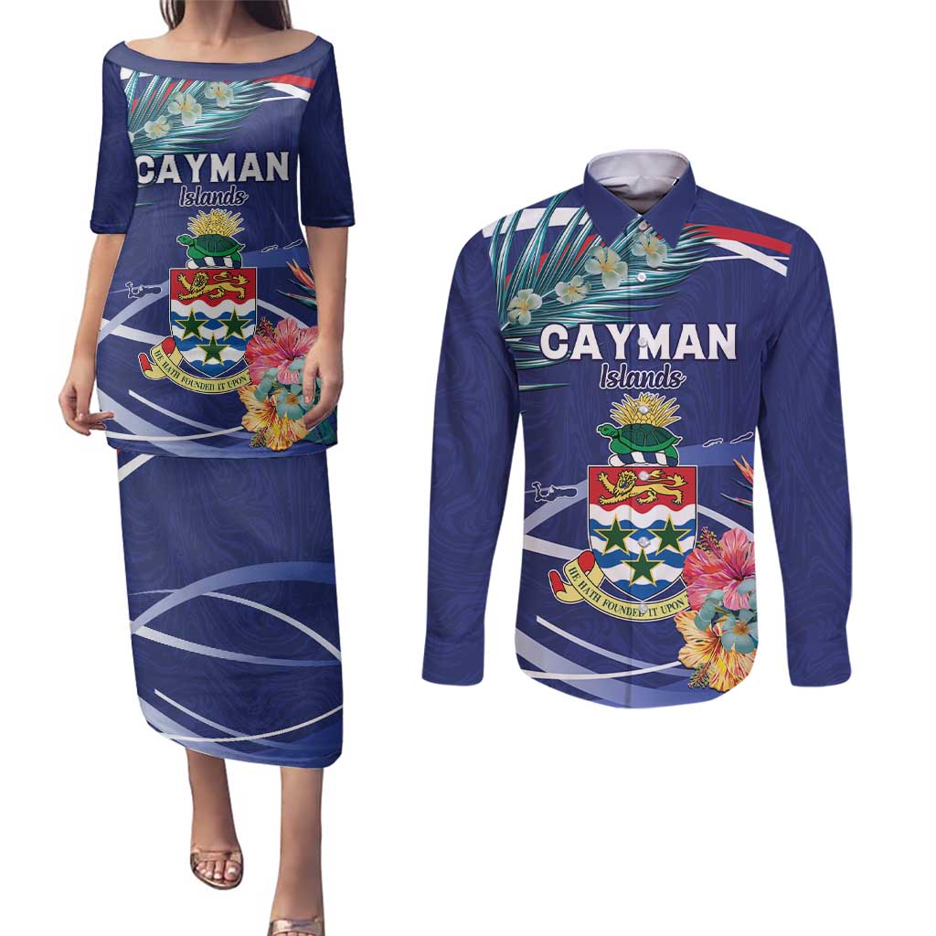 Personalized Cayman Islands Couples Matching Puletasi and Long Sleeve Button Shirt Coat Of Arms Tropical Flowers