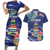 Personalized Cayman Islands Couples Matching Short Sleeve Bodycon Dress and Hawaiian Shirt Coat Of Arms Tropical Flowers