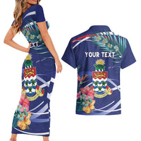 Personalized Cayman Islands Couples Matching Short Sleeve Bodycon Dress and Hawaiian Shirt Coat Of Arms Tropical Flowers