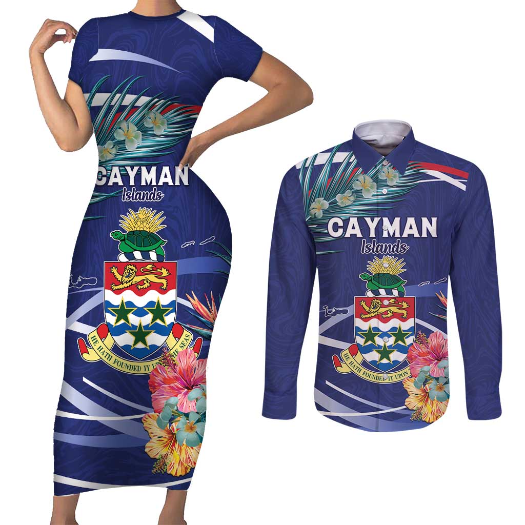 Personalized Cayman Islands Couples Matching Short Sleeve Bodycon Dress and Long Sleeve Button Shirt Coat Of Arms Tropical Flowers