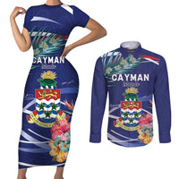 Personalized Cayman Islands Couples Matching Short Sleeve Bodycon Dress and Long Sleeve Button Shirt Coat Of Arms Tropical Flowers