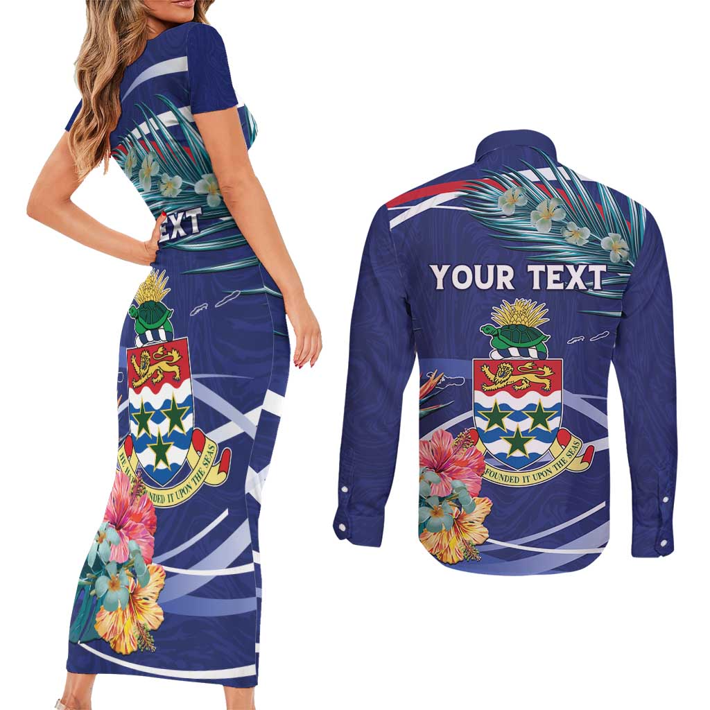 Personalized Cayman Islands Couples Matching Short Sleeve Bodycon Dress and Long Sleeve Button Shirt Coat Of Arms Tropical Flowers