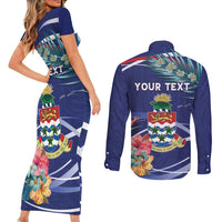 Personalized Cayman Islands Couples Matching Short Sleeve Bodycon Dress and Long Sleeve Button Shirt Coat Of Arms Tropical Flowers