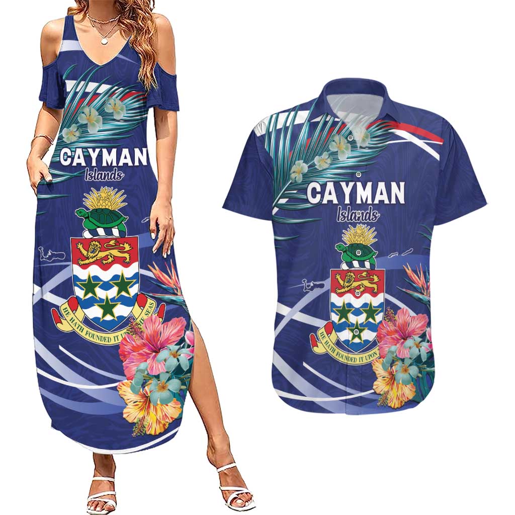 Personalized Cayman Islands Couples Matching Summer Maxi Dress and Hawaiian Shirt Coat Of Arms Tropical Flowers