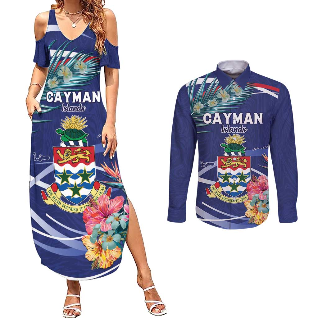 Personalized Cayman Islands Couples Matching Summer Maxi Dress and Long Sleeve Button Shirt Coat Of Arms Tropical Flowers