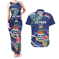 Personalized Cayman Islands Couples Matching Tank Maxi Dress and Hawaiian Shirt Coat Of Arms Tropical Flowers