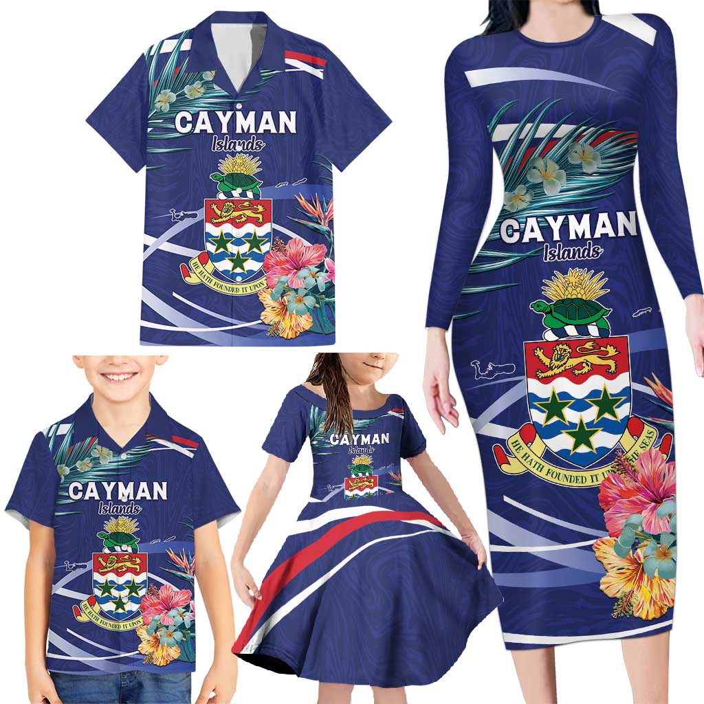 Personalized Cayman Islands Family Matching Long Sleeve Bodycon Dress and Hawaiian Shirt Coat Of Arms Tropical Flowers