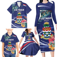Personalized Cayman Islands Family Matching Long Sleeve Bodycon Dress and Hawaiian Shirt Coat Of Arms Tropical Flowers
