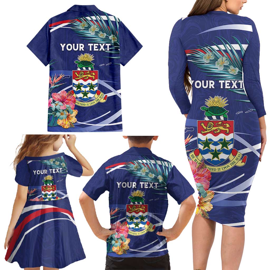 Personalized Cayman Islands Family Matching Long Sleeve Bodycon Dress and Hawaiian Shirt Coat Of Arms Tropical Flowers