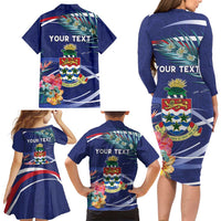 Personalized Cayman Islands Family Matching Long Sleeve Bodycon Dress and Hawaiian Shirt Coat Of Arms Tropical Flowers