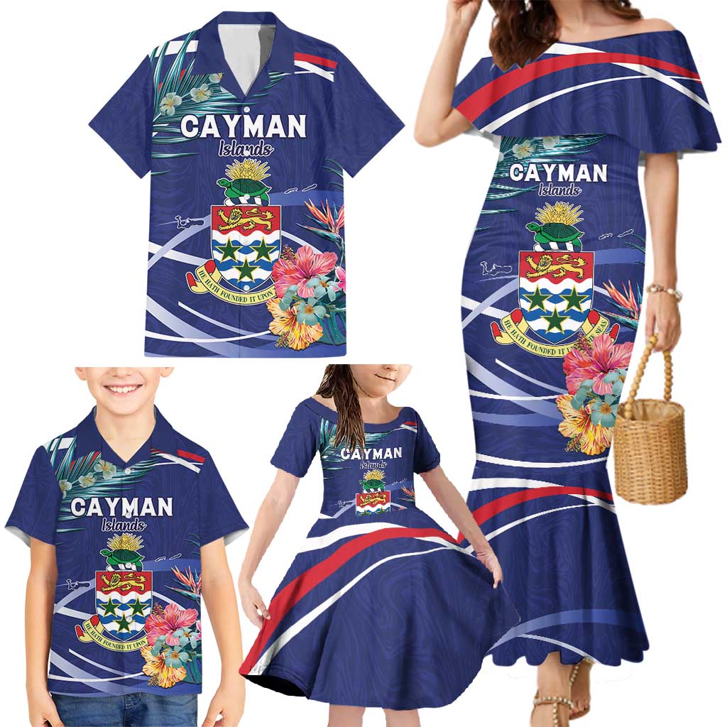Personalized Cayman Islands Family Matching Mermaid Dress and Hawaiian Shirt Coat Of Arms Tropical Flowers