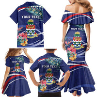 Personalized Cayman Islands Family Matching Mermaid Dress and Hawaiian Shirt Coat Of Arms Tropical Flowers