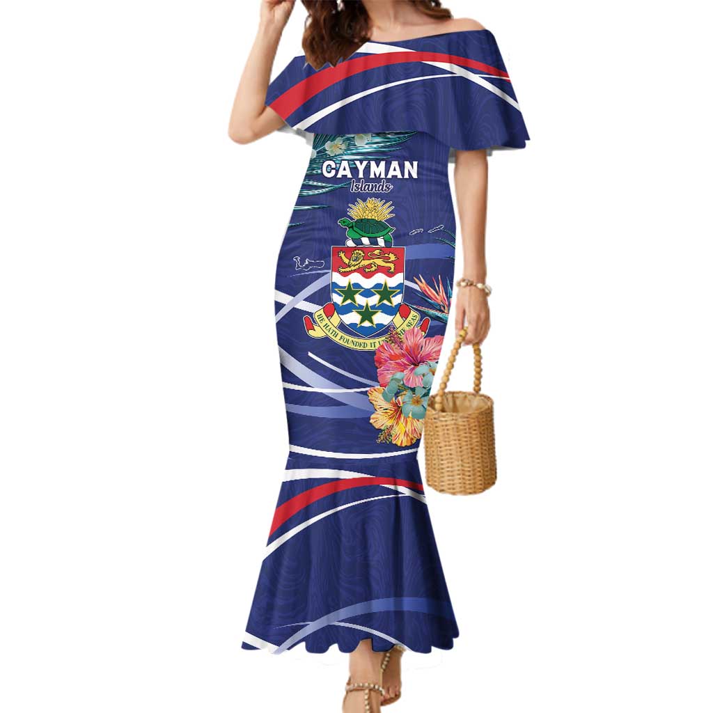 Personalized Cayman Islands Family Matching Mermaid Dress and Hawaiian Shirt Coat Of Arms Tropical Flowers