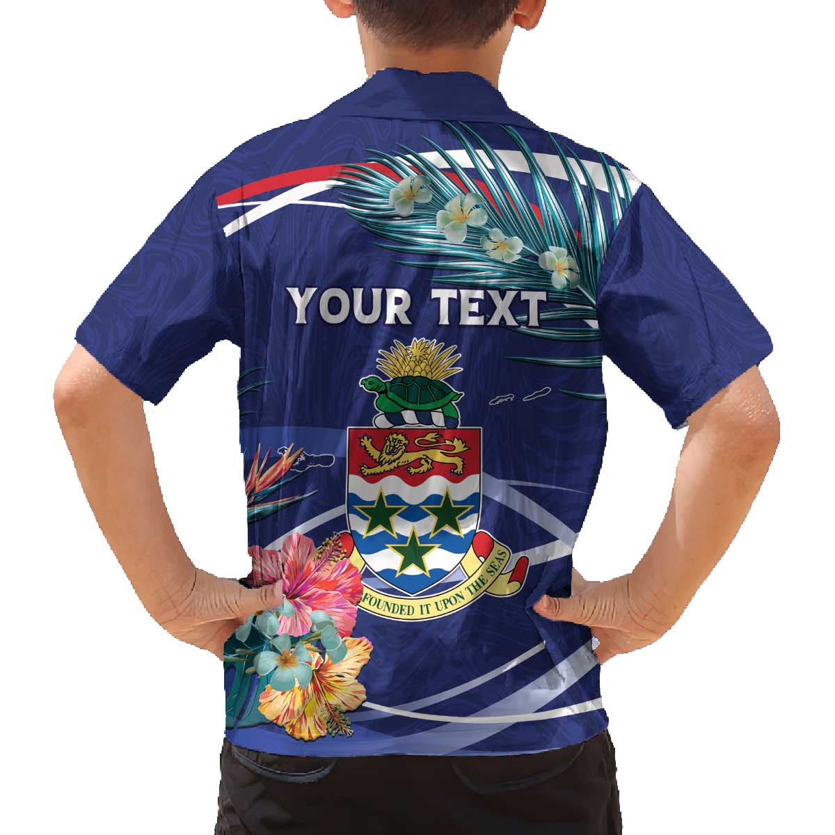 Personalized Cayman Islands Family Matching Off The Shoulder Long Sleeve Dress and Hawaiian Shirt Coat Of Arms Tropical Flowers