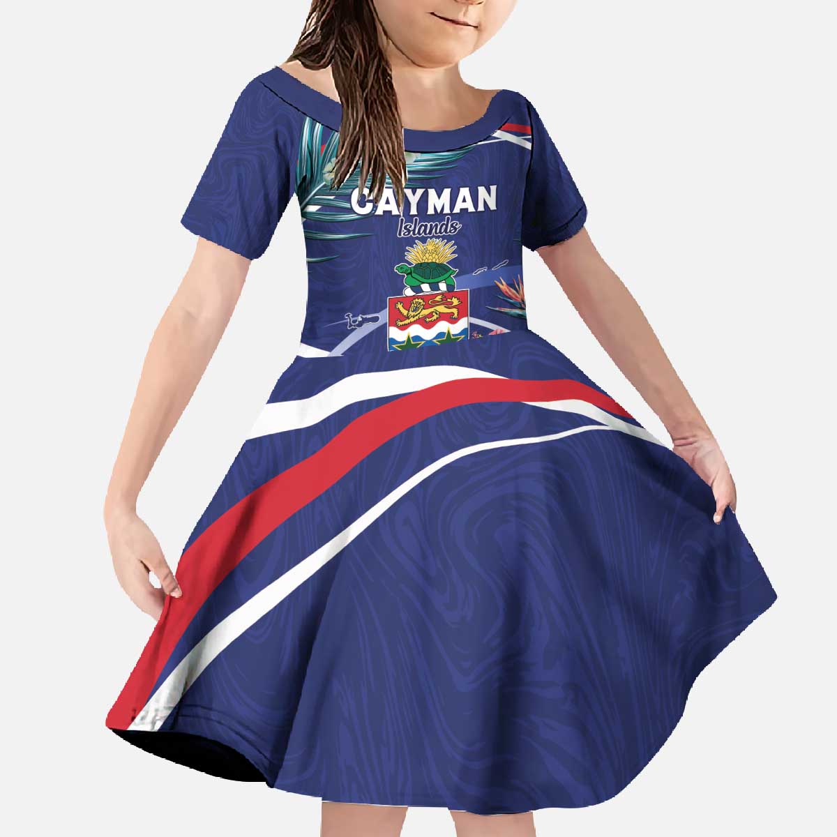 Personalized Cayman Islands Family Matching Off The Shoulder Long Sleeve Dress and Hawaiian Shirt Coat Of Arms Tropical Flowers