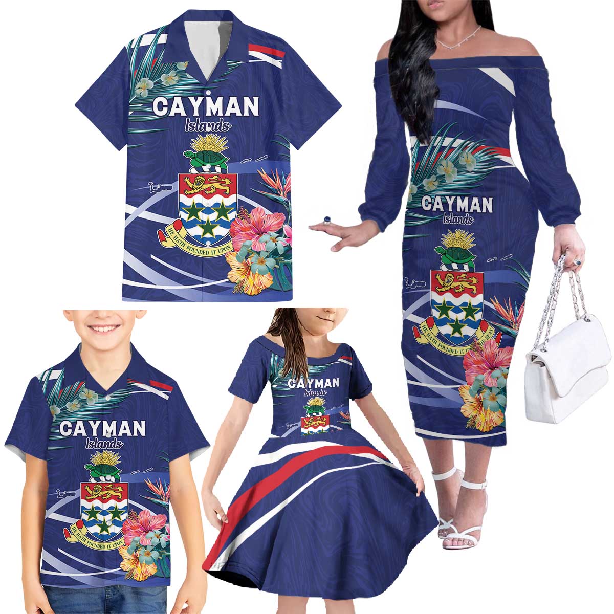 Personalized Cayman Islands Family Matching Off The Shoulder Long Sleeve Dress and Hawaiian Shirt Coat Of Arms Tropical Flowers