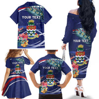 Personalized Cayman Islands Family Matching Off The Shoulder Long Sleeve Dress and Hawaiian Shirt Coat Of Arms Tropical Flowers