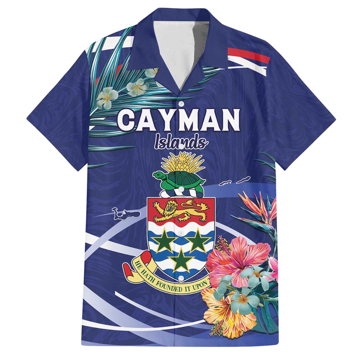 Personalized Cayman Islands Family Matching Off The Shoulder Long Sleeve Dress and Hawaiian Shirt Coat Of Arms Tropical Flowers