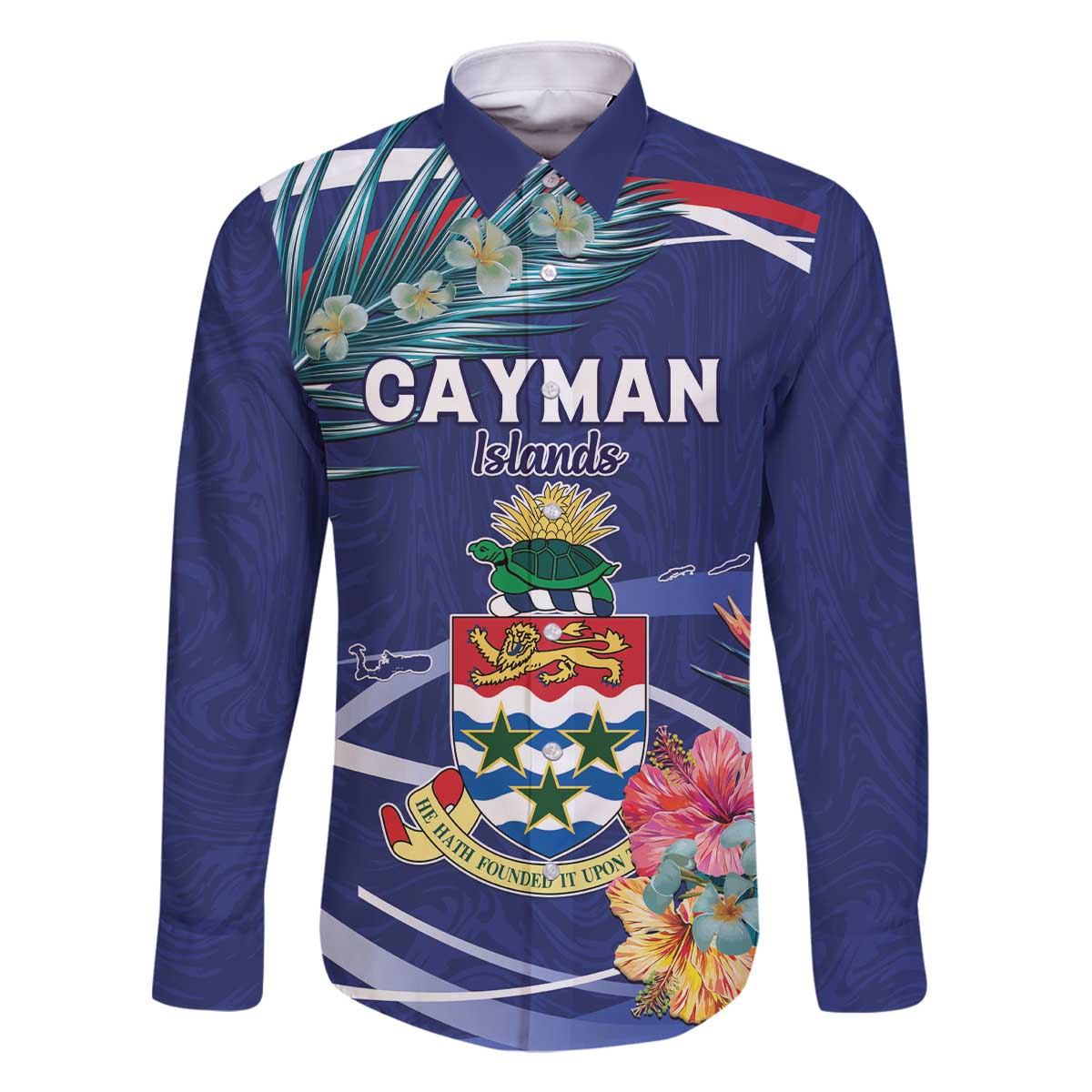 Personalized Cayman Islands Family Matching Off The Shoulder Long Sleeve Dress and Hawaiian Shirt Coat Of Arms Tropical Flowers