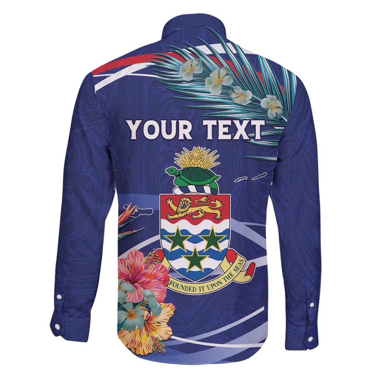 Personalized Cayman Islands Family Matching Off The Shoulder Long Sleeve Dress and Hawaiian Shirt Coat Of Arms Tropical Flowers