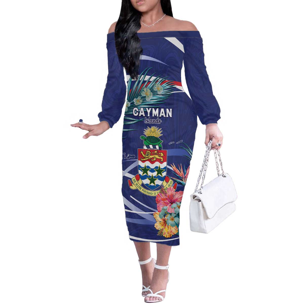 Personalized Cayman Islands Family Matching Off The Shoulder Long Sleeve Dress and Hawaiian Shirt Coat Of Arms Tropical Flowers