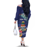 Personalized Cayman Islands Family Matching Off The Shoulder Long Sleeve Dress and Hawaiian Shirt Coat Of Arms Tropical Flowers