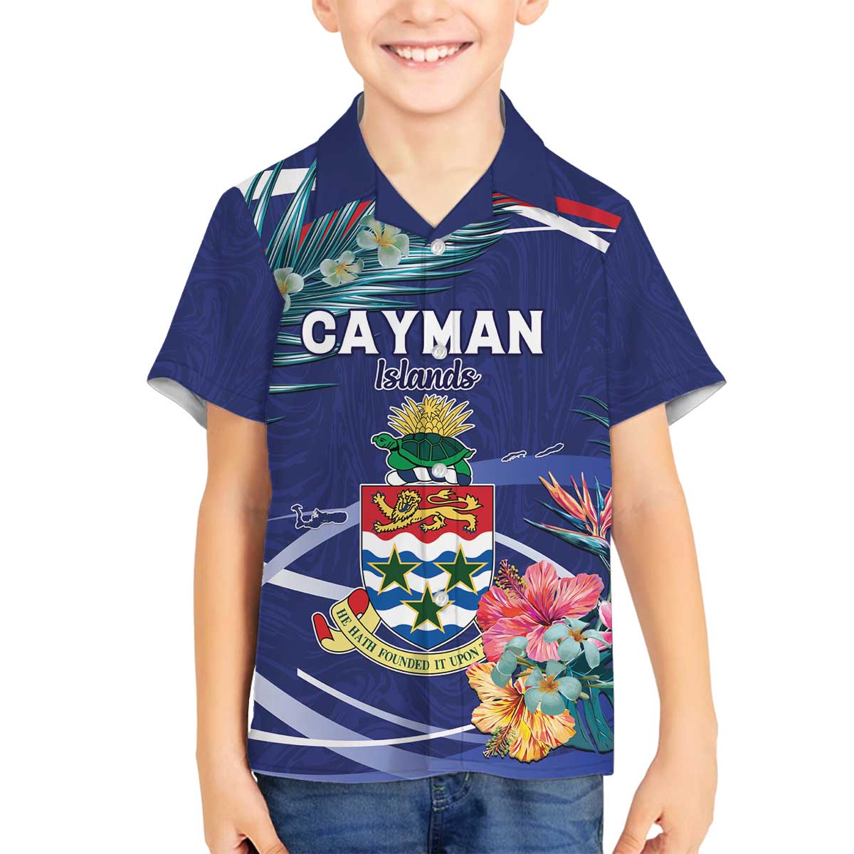 Personalized Cayman Islands Family Matching Off The Shoulder Long Sleeve Dress and Hawaiian Shirt Coat Of Arms Tropical Flowers