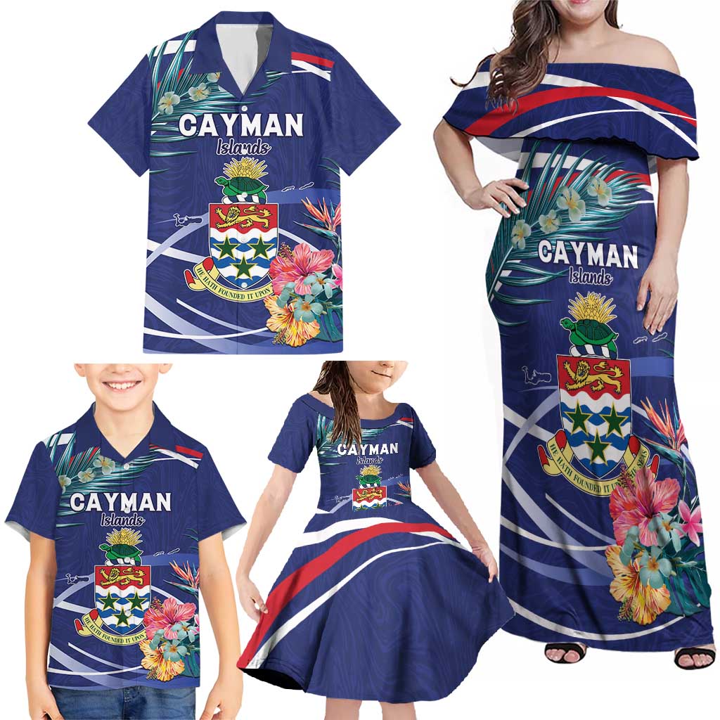 Personalized Cayman Islands Family Matching Off Shoulder Maxi Dress and Hawaiian Shirt Coat Of Arms Tropical Flowers