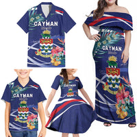 Personalized Cayman Islands Family Matching Off Shoulder Maxi Dress and Hawaiian Shirt Coat Of Arms Tropical Flowers