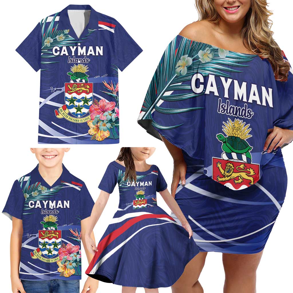 Personalized Cayman Islands Family Matching Off Shoulder Short Dress and Hawaiian Shirt Coat Of Arms Tropical Flowers