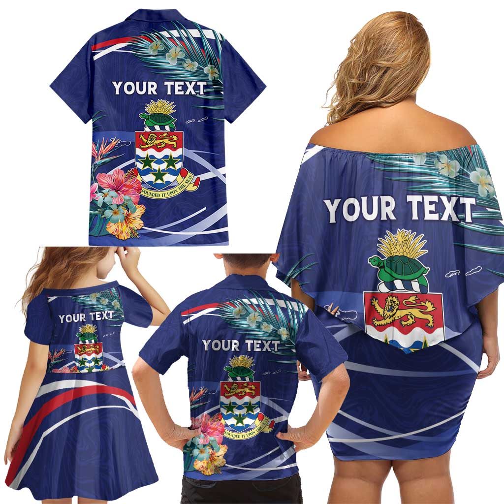 Personalized Cayman Islands Family Matching Off Shoulder Short Dress and Hawaiian Shirt Coat Of Arms Tropical Flowers