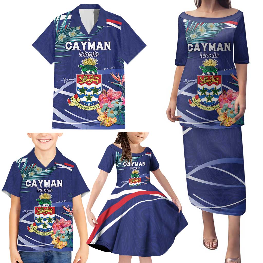 Personalized Cayman Islands Family Matching Puletasi and Hawaiian Shirt Coat Of Arms Tropical Flowers