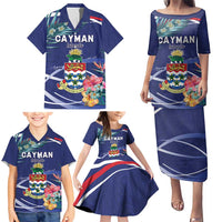 Personalized Cayman Islands Family Matching Puletasi and Hawaiian Shirt Coat Of Arms Tropical Flowers